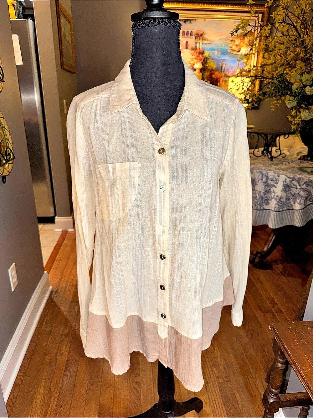 We The Free Striped Button Down Shirt in Cream & Brown Size XS